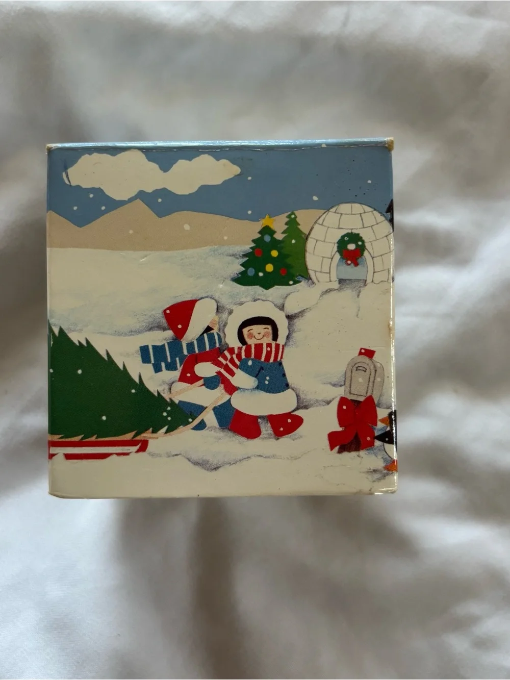 Avon White “Winter Fun”Igloo Ornament with Green Tree and Two Children